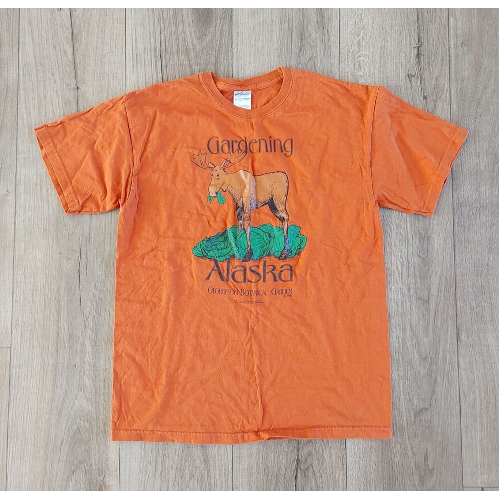 VTG Replica 1991 Georgeson Botanical Garden Alaska Moose T-Shirt Orange Medium